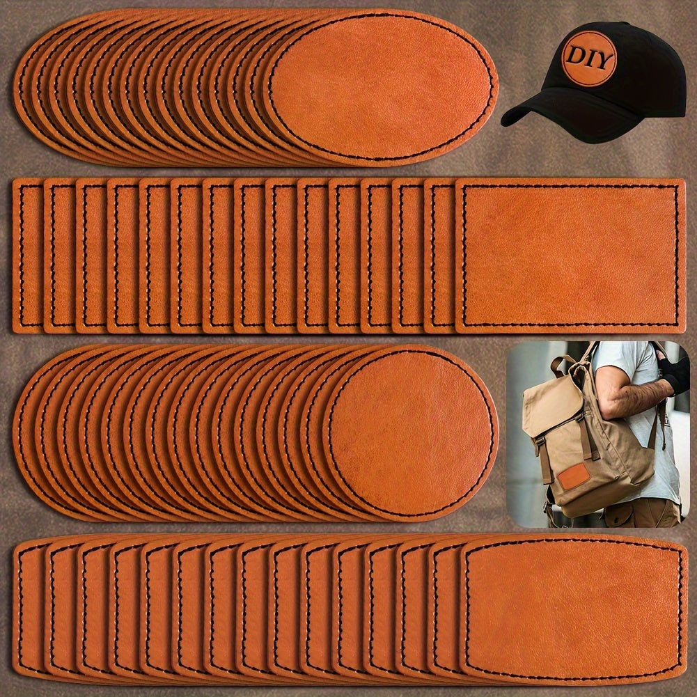 60 pieces of blank leather hat patches with adhesive, laser leatherette material in brown. These faux leather patches are perfect for hats, jackets, and backpacks. They come in multiple shapes and mixed styles, including round, oval, rectangle, and