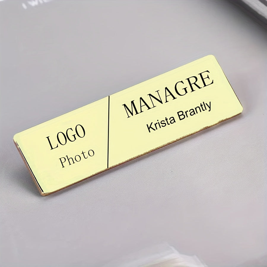 Unique Personalized Name Tag Pin – Sophisticated Stainless Steel Badge with Custom Engraving, Simple and Elegant Design, Fun Slogan Option for Company Identification – Square Badge Ideal for Executives and Industry Experts.