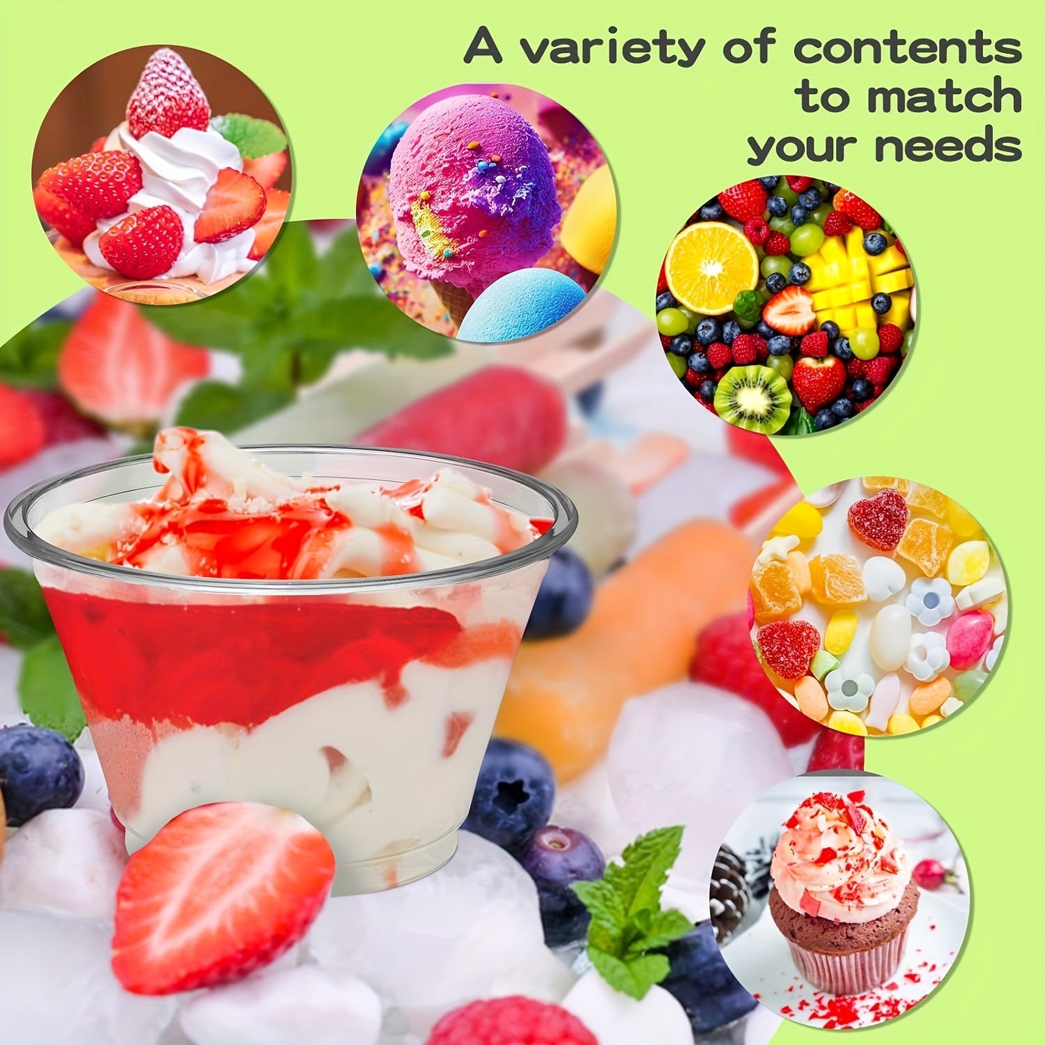 30 clear plastic dessert cups with dome lids for ice cream, pudding, cupcakes, and snacks. Disposable, recyclable, perfect for parties, weddings, picnics, and dessert displays.