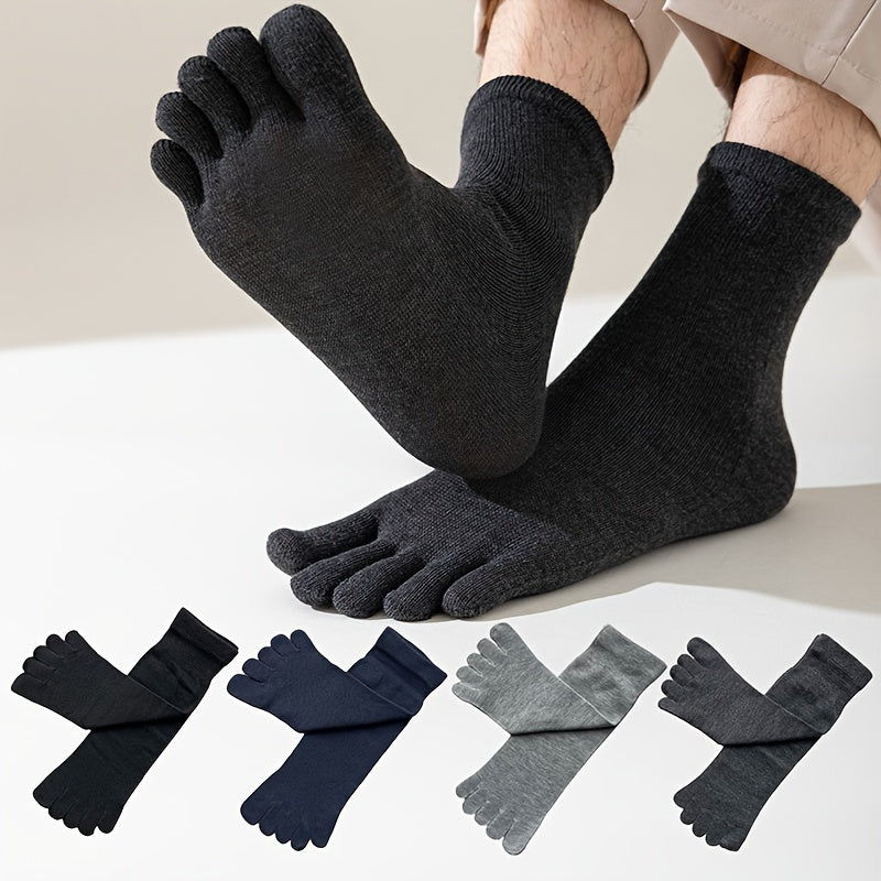 Men's Solid Color Five-Toe Socks - Breathable, Comfortable for Casual & Sports Wear, Polyester/Spandex Blend, Machine Washable.