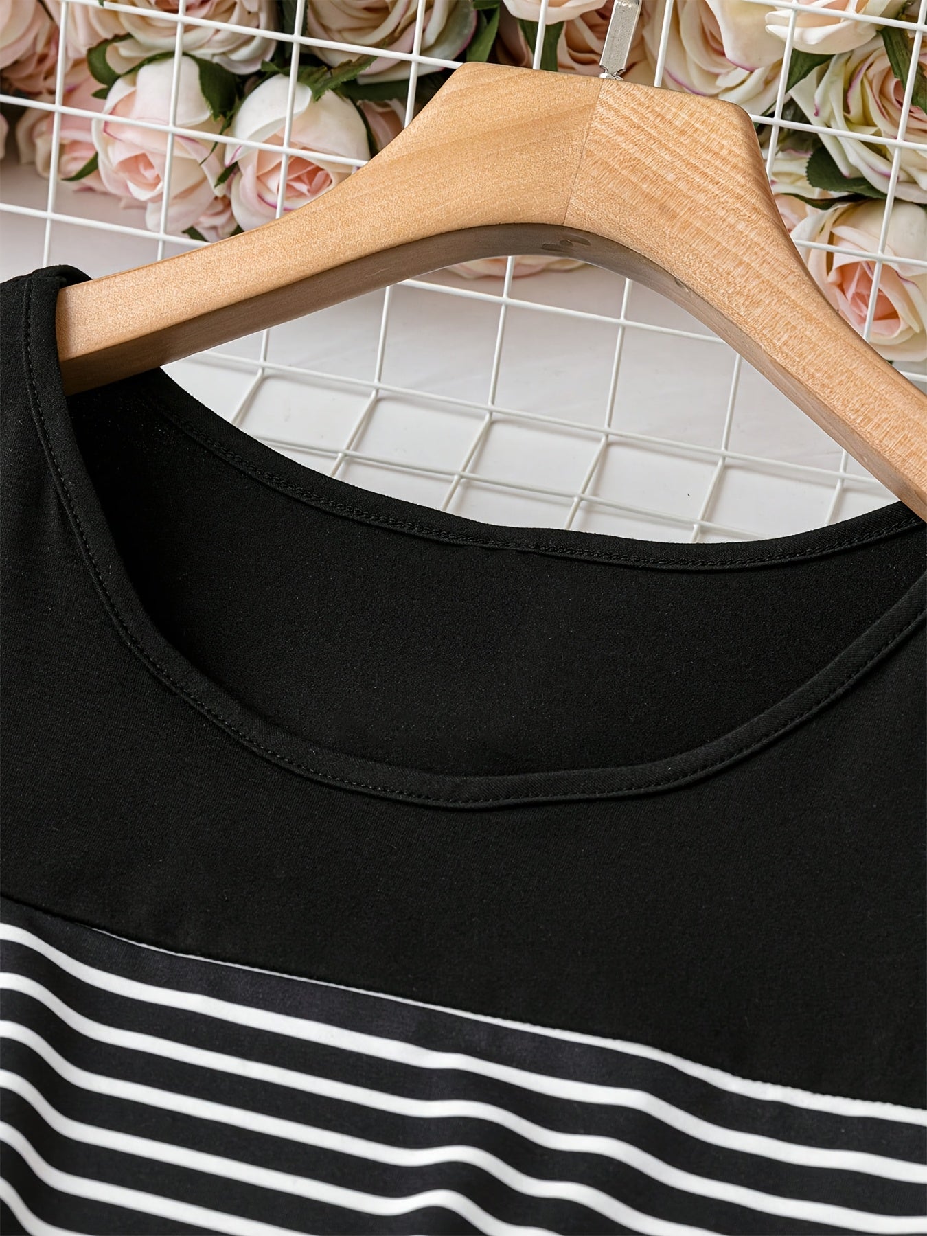 Women's Elegant Striped T-Shirt - Stretchy, Crew Neck, Machine Washable - Polyester & Spandex Blend