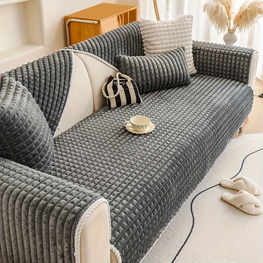 Thick plush sofa cushion cover for winter, non-slip and comfortable. Solid color with armrest slipcover, machine washable for 1-4 seater sofas. Classic design for cozy home decor, slip-resistant and stylish enhancement. Made of synthetic fiber.