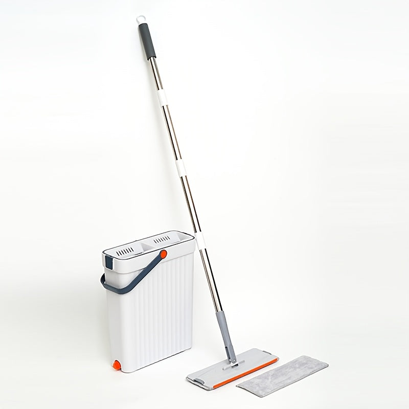 The Multi-Surface Mop Cleaner Set features a 7x magnifying metal handle, bucket, and 2 microfiber cloths. Perfect for cleaning in the kitchen, bathroom, living room, and bedroom, this set operates manually without the need for electricity.