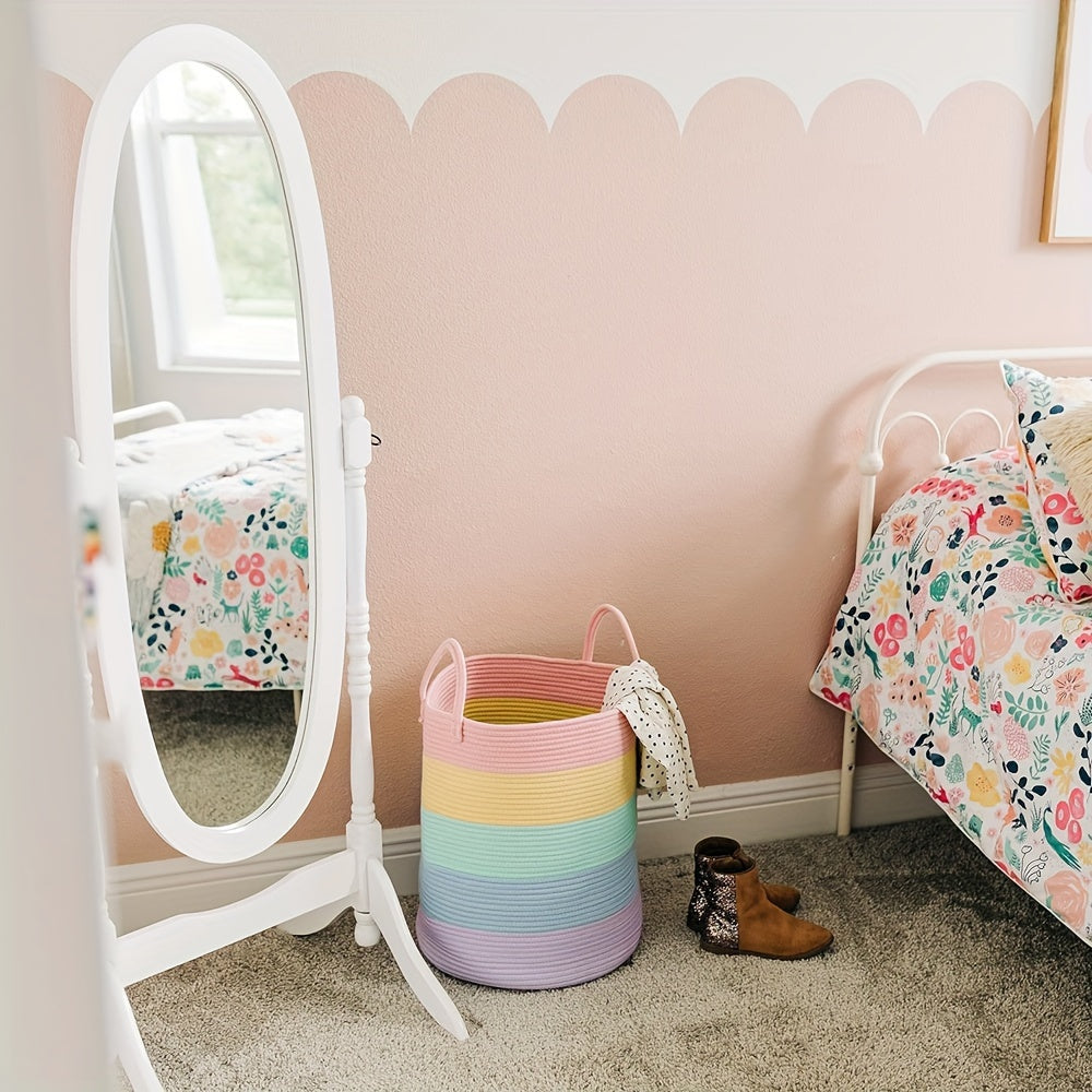 Vibrant rainbow woven basket with handles - 38.1x45.72cm tall for laundry and toys. Ideal for playroom, living room, or youngsters' bedroom. Striped design, durable fabric, easy to carry.