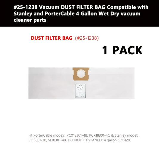 Replacement accessory compatible with Stanley & PorterCable 15.14 L Wet Dry Vacuum Cleaner Parts - 1 Pack of #25-1238 Paper Dust Filter Bag