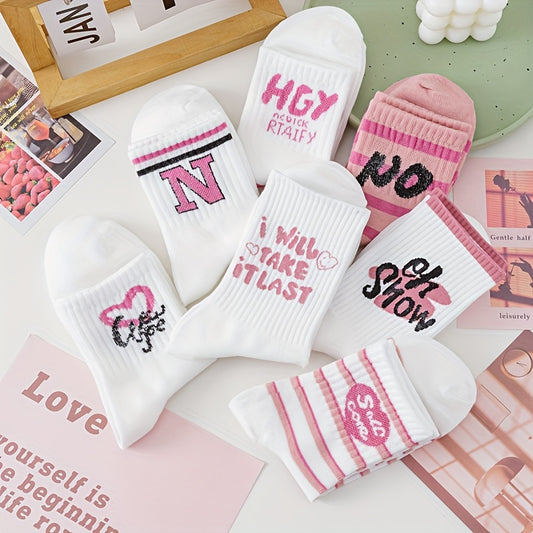 5 pairs of pink letter socks for women, calf-length stockings perfect for spring and summer.