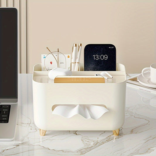 1pc Multifunctional Desktop Organizer with Tissue Box, Remote Control and Miscellaneous Storage, Plastic Tissue Holder