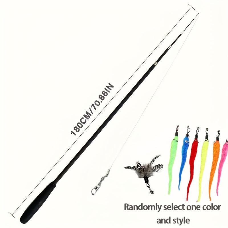 180cm retractable cat teaser wand with feather toy for playful cats. Features 4-section telescopic design and durable plastic material with white artificial feathers. Perfect for indoor fun