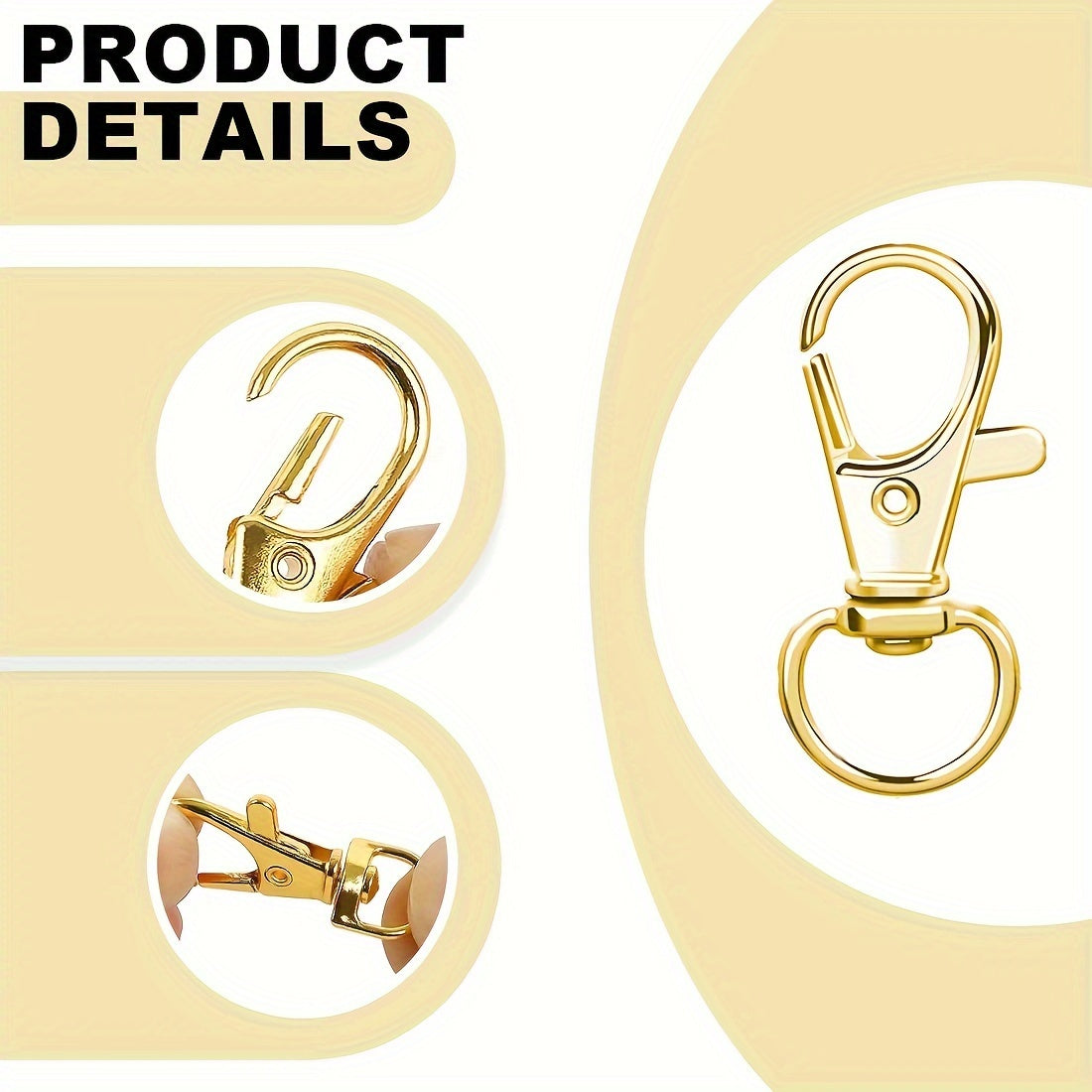 A set of 100 Golden Keychains, including Swivel Lobster Clasps Key Ring Clip Hooks, Twist Clasps, 50 Rotating Carabiner Hooks, and 50 Key Rings in Gold (Type A)