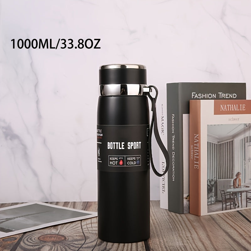 Stainless steel 1000ml vacuum insulated water bottle with portable strap, BPA-free, keeps hot/cold for sports and outdoor activities, hand wash only.