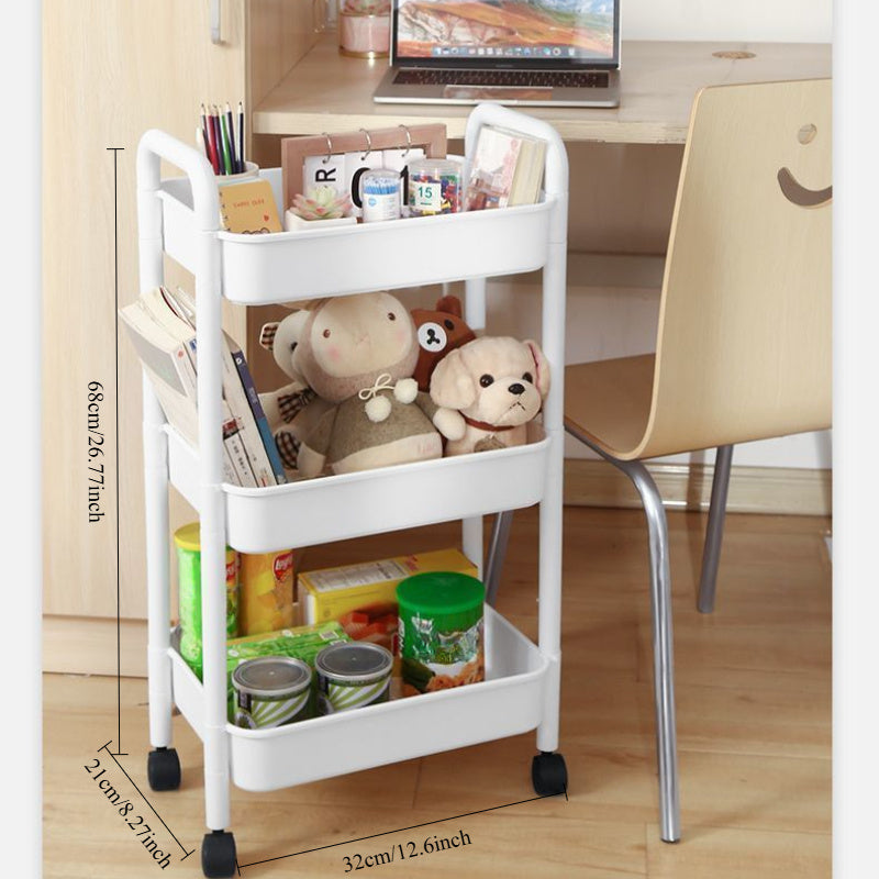 Three-tier rolling corner organizer cart that swivels 360 degrees for effortless mobility. Made of durable plastic, this cart requires no power and features wheels for easy movement in the kitchen, bathroom, living room, or office.