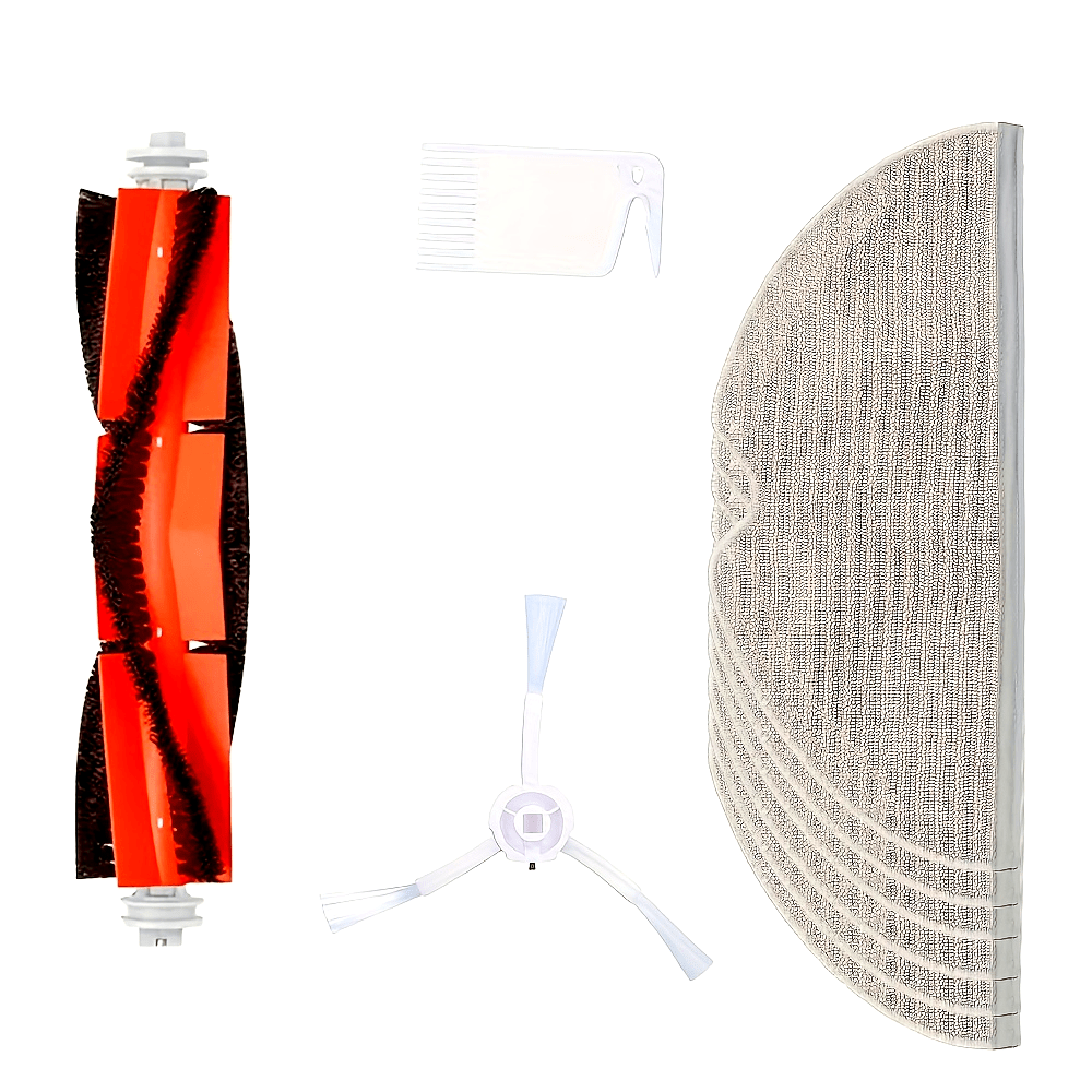 Accessory kit for robotic vacuum cleaners, includes 9 pieces compatible with 1C, 2C, and 1T models. Kit contains roller brush, 6 mop pads, and side spin brush.