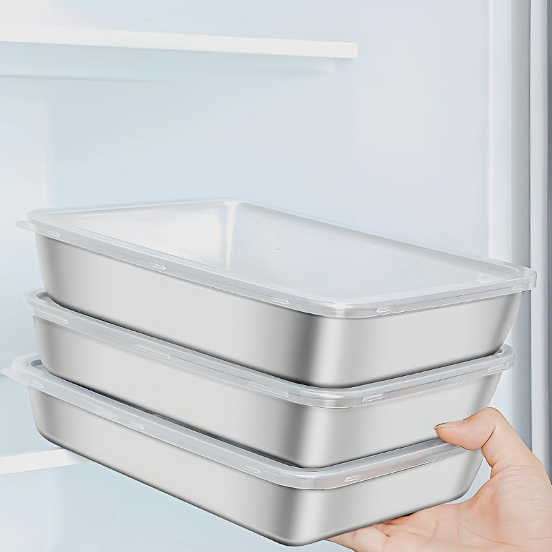 Stainless steel food storage set with clear lids - large square containers for meat, fruits, and veggies, ideal for camping, outdoor and home use. Stackable kitchen organizer, perfect for