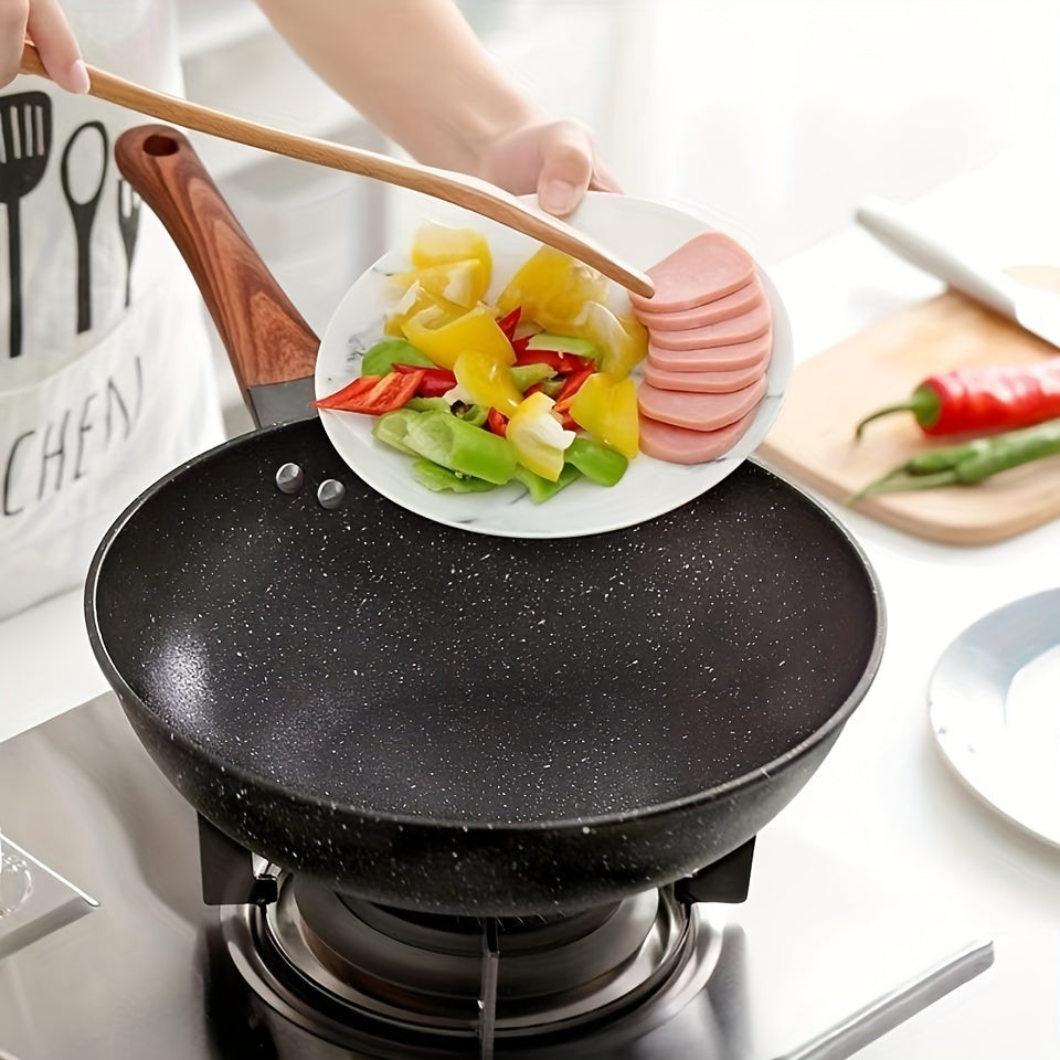 This versatile 1-piece non-stick coated pan is perfect for household use. Featuring a 30cm size and smokeless design, this flat frying pan is ideal for frying eggs and steaks. It can be used on both induction cookers and gas stoves, making it a useful