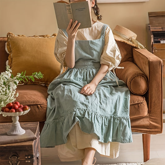 Vintage French Country Linen Apron with artistic floral design, ruffled hem, and Nordic-style solid color options in various sizes.