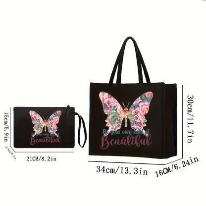 Chic handbag and wallet set featuring butterfly and floral print, durable shoulder strap, magnetic closure, and foldable design for shopping and travel.