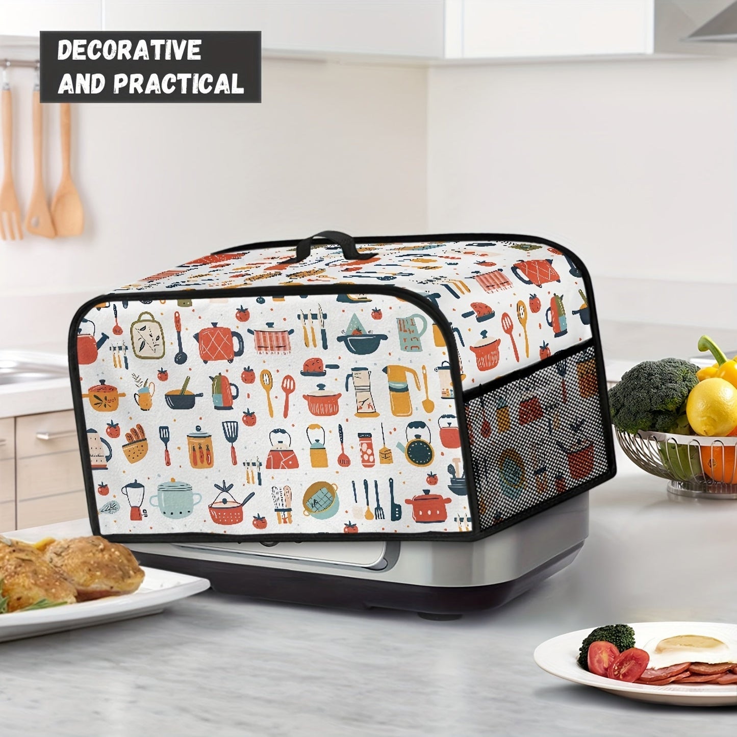 Protect your 6-8 Quart Crockpot with a Cartoon Kitchen Utensil Dust Cover. This lightweight cover is stain-resistant and features a convenient top handle and storage pockets to keep your kitchen tidy. Keep your slow cooker clean and protected with this