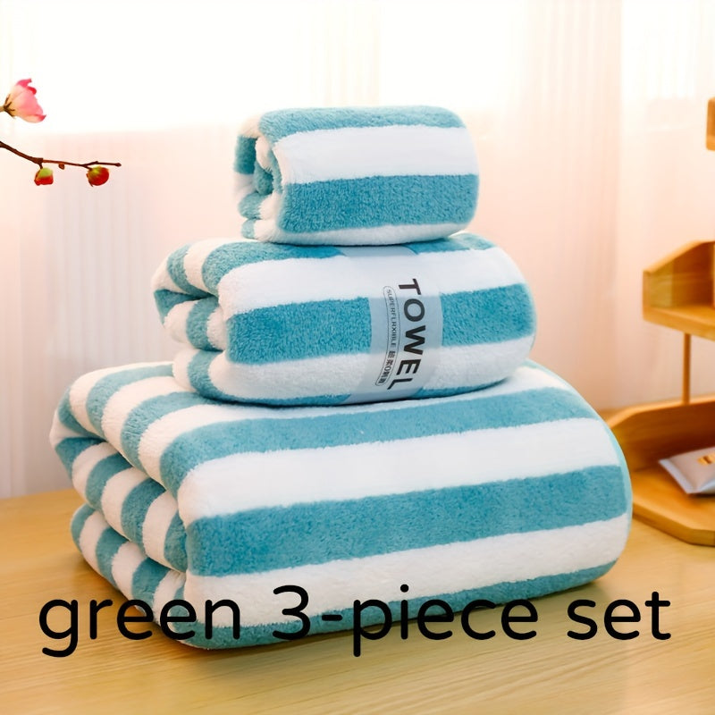 Luxury bath towel set in blue & white stripes - ultra-soft, highly absorbent microfiber. Includes large bath towel, bath towel, and washcloth. Lint-free, skin-friendly for home & hotel use. Ideal for bathrooms.