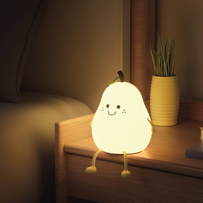 Pear-shaped LED night light with touch control, USB rechargeable, adjustable brightness, and multiple colors - ideal for bedroom ambiance.