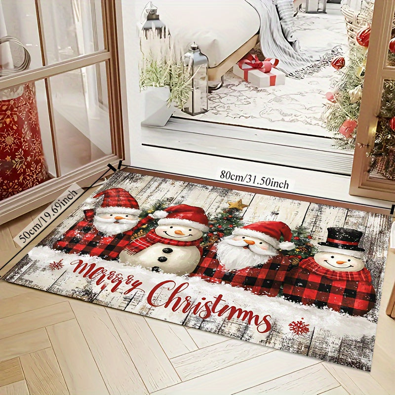 Christmas plush rug featuring Santa and a snowman, with a weight of 930gsm and a thickness of 5mm. Includes non-slip backing and is machine washable. Suitable for use in the living room, bedroom, kitchen, and for indoor/outdoor use.