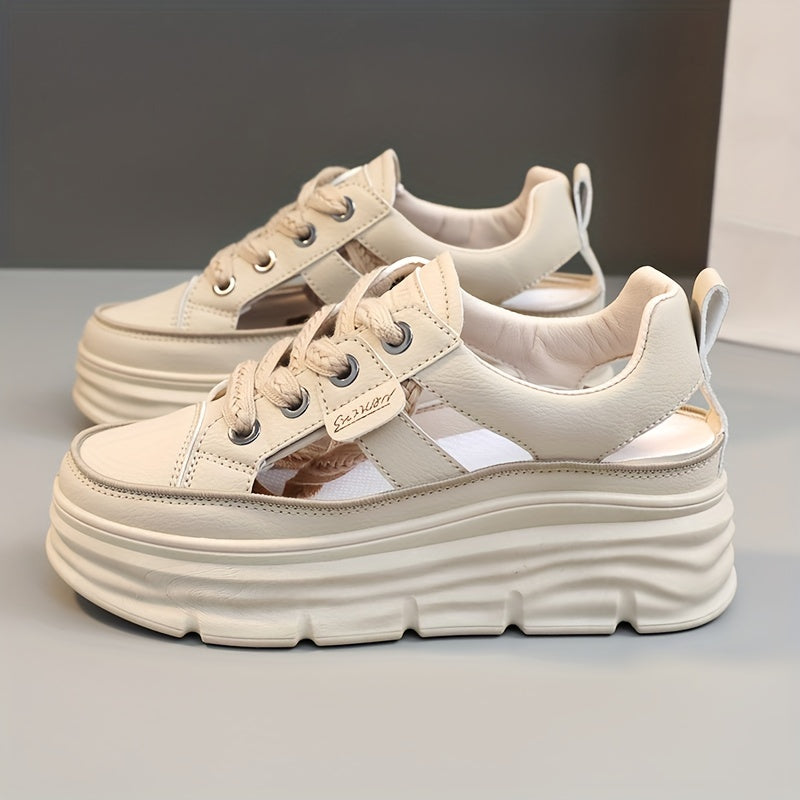 Summer 2024 Women's Breathable Cut-Out Sneakers with Hidden Height Increase, White.