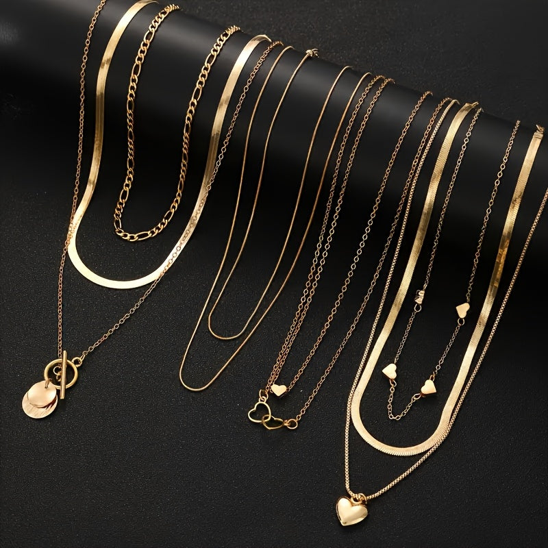 10 Punk-inspired multi-layer flat snake chain necklaces with heart pendants - elegant and simple women's stacking set for casual attire, parties, and hip hop street style.