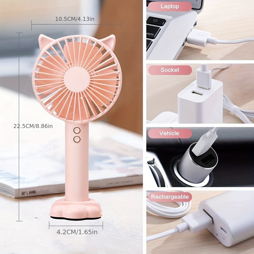 Adorable and Compact USB Handheld Fan with Bunny Ears - Ideal for Students, Dorms, and Outdoor Activities - Quiet Operation and Built-in Night Light Feature