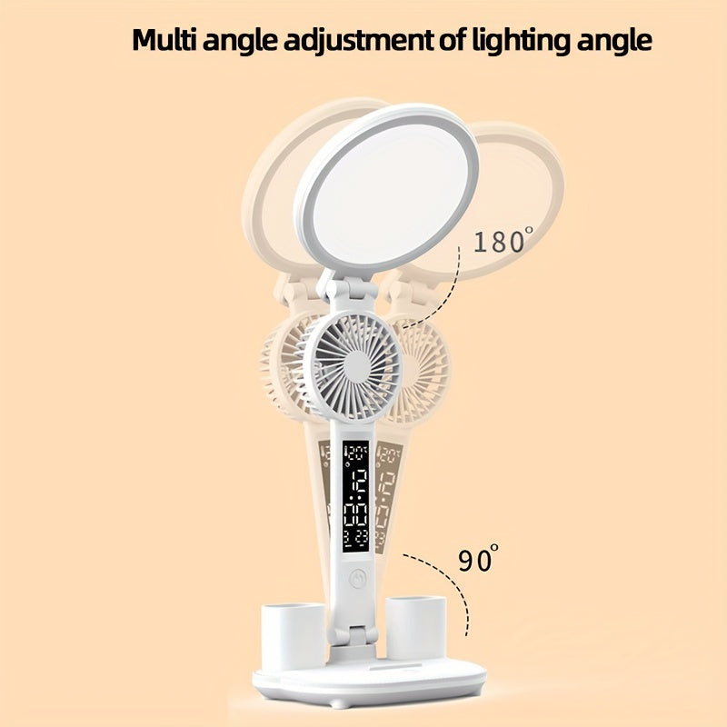 LED dormitory desk lamp with eye protection, touch control, foldable design, and built-in fan for reading in bed.