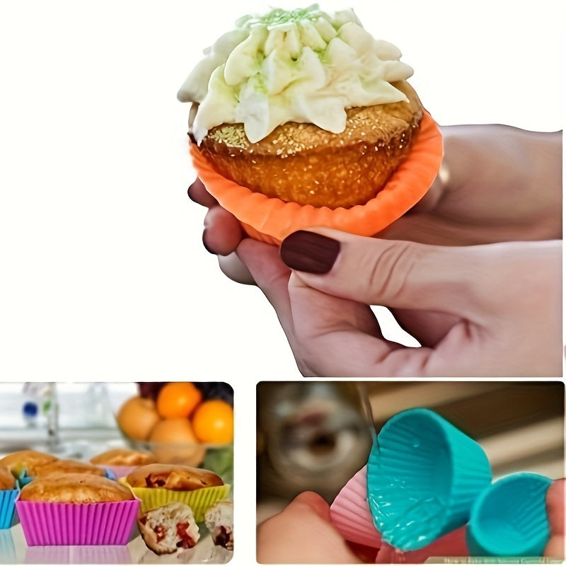 Reusable non-stick silicone baking cups for muffins and cupcakes, sold in packs of 12 or 24.