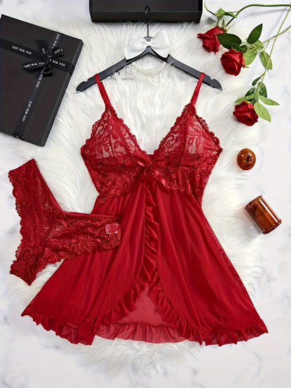 Sexy solid color nightgown with lace details, V-neck, open back, ruffled hem, and T-pants for comfortable sleepwear.