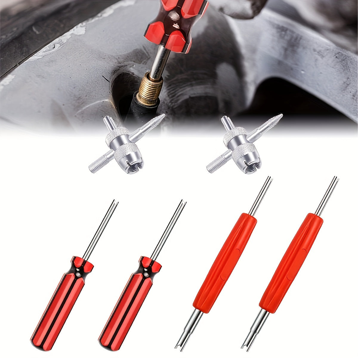 Two sets of four-in-one wrenches and two sets of double-head wrenches, as well as two black and red wrenches that are compatible with cars, bicycles, and motorcycles. Additionally, includes double-head tire valve stem removal tools with a core