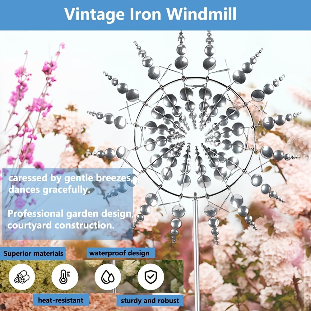 Solar-powered iron wind sculpture with 3D kinetic metal windmill design, ideal for outdoor garden decor.