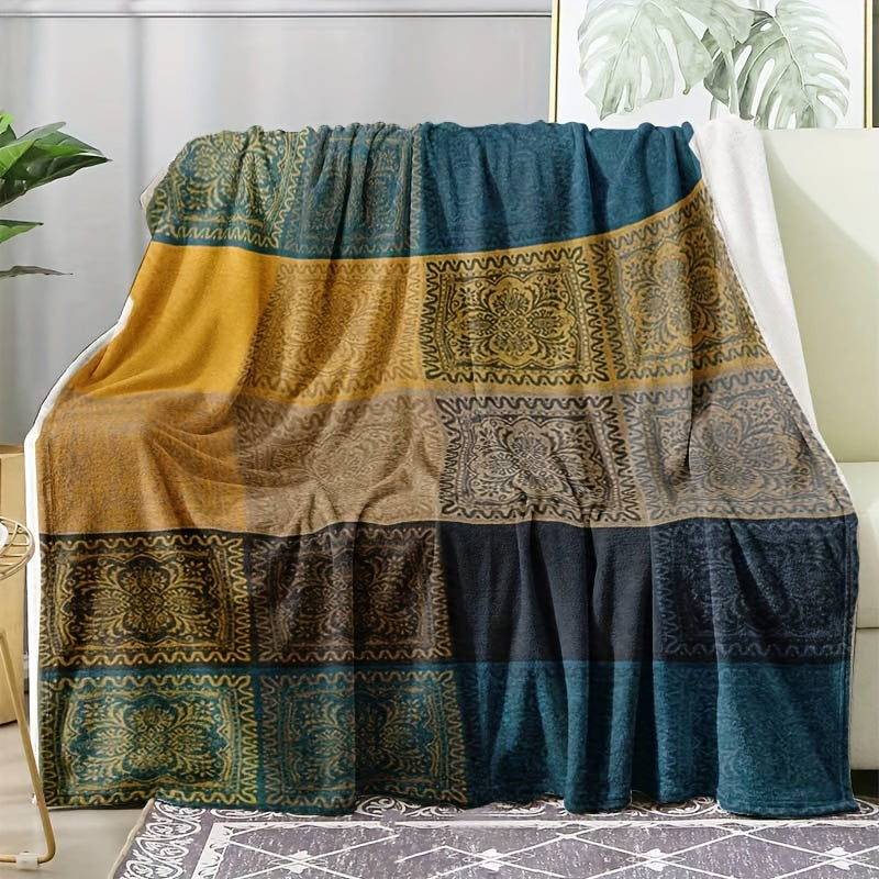 Soft and skin-friendly Bohemian throw blanket with a contemporary style and mixed colors. Made of flannel with a knitted design and digital print, this polyester blanket weighs between 200-250g per square kilogram, making it perfect for all seasons.