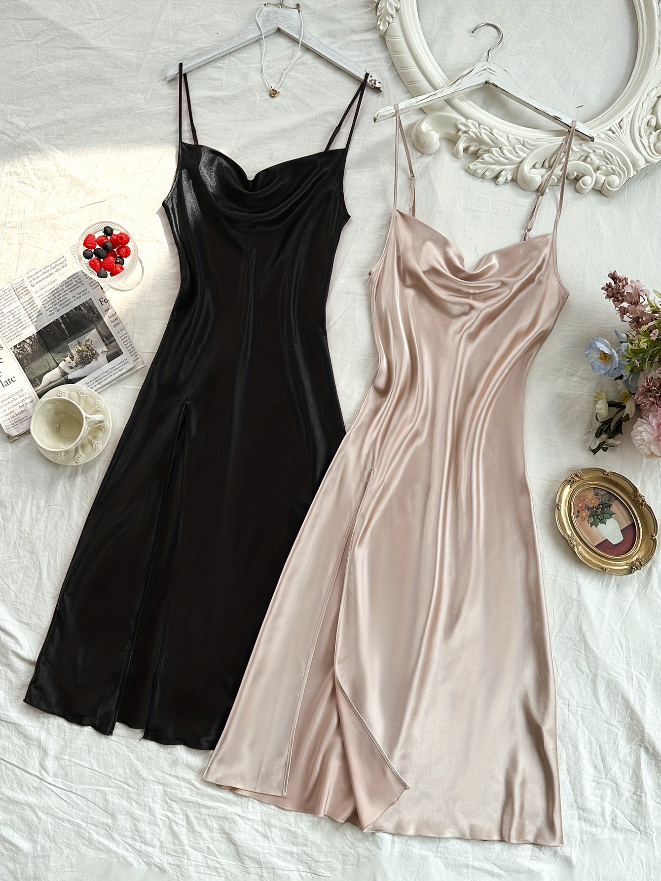 Woman's elegant satin turtleneck sleep dress with backless split, comfortable nightgown.