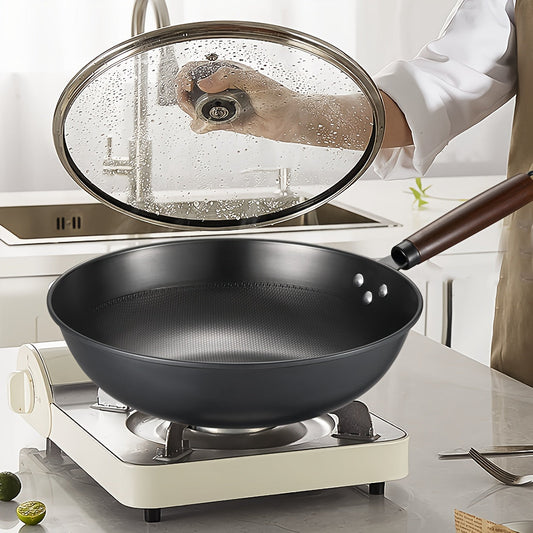 Household Wok with Wooden Handle, Classic Cast Iron Chef's Pan for Deep Stir Frying, Uncoated Non-Stick Surface