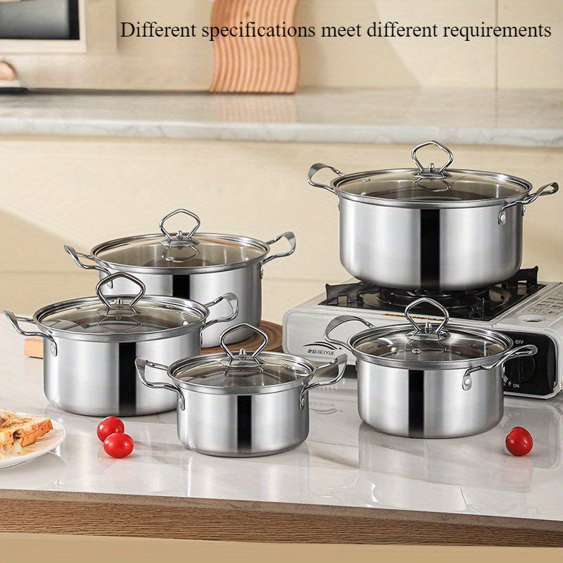 Set of 12 high-quality pots made of 400 stainless steel, suitable for use on induction cookers and gas stoves. This practical and durable pot set is perfect for any household and provides versatile cooking options.