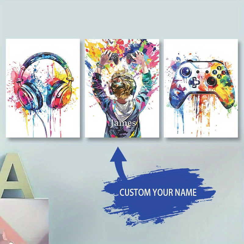 Customized set of 3 gamer-themed wall art pieces - Personalized with your name on canvas prints for children's rooms, nurseries, and dining areas - Available in a variety of colors including white