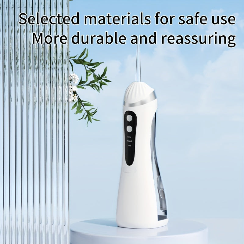 Wireless portable electric water flosser with 3 modes, large water tank. Comes with 1 main unit and 4 nozzles. Ideal for home or travel use.