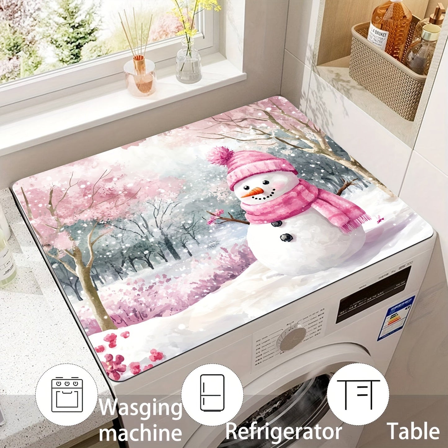 Keep your washing machine clean and festive with this 1-piece dust cover featuring a pink snowman and cherry blossom winter scene. This cover is quick-drying, absorbent, and non-slip, providing protection for your appliance and adding a decorative touch