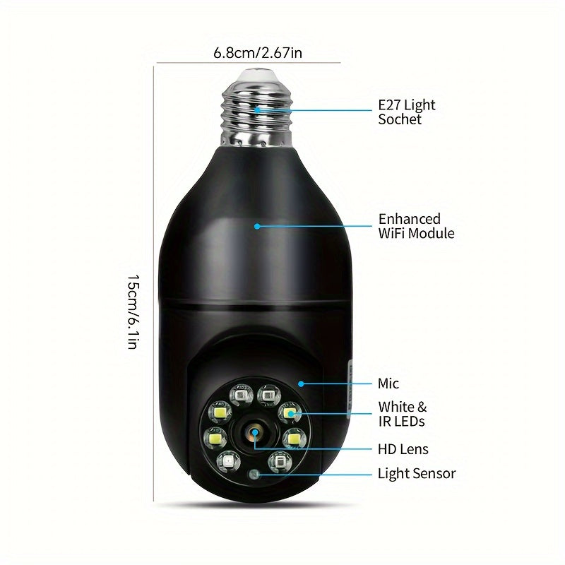 The E27 Bulb Camera features 2.4GHz WiFi connectivity, high definition video quality, automatic tracking, black and white night vision, and bidirectional audio capabilities.