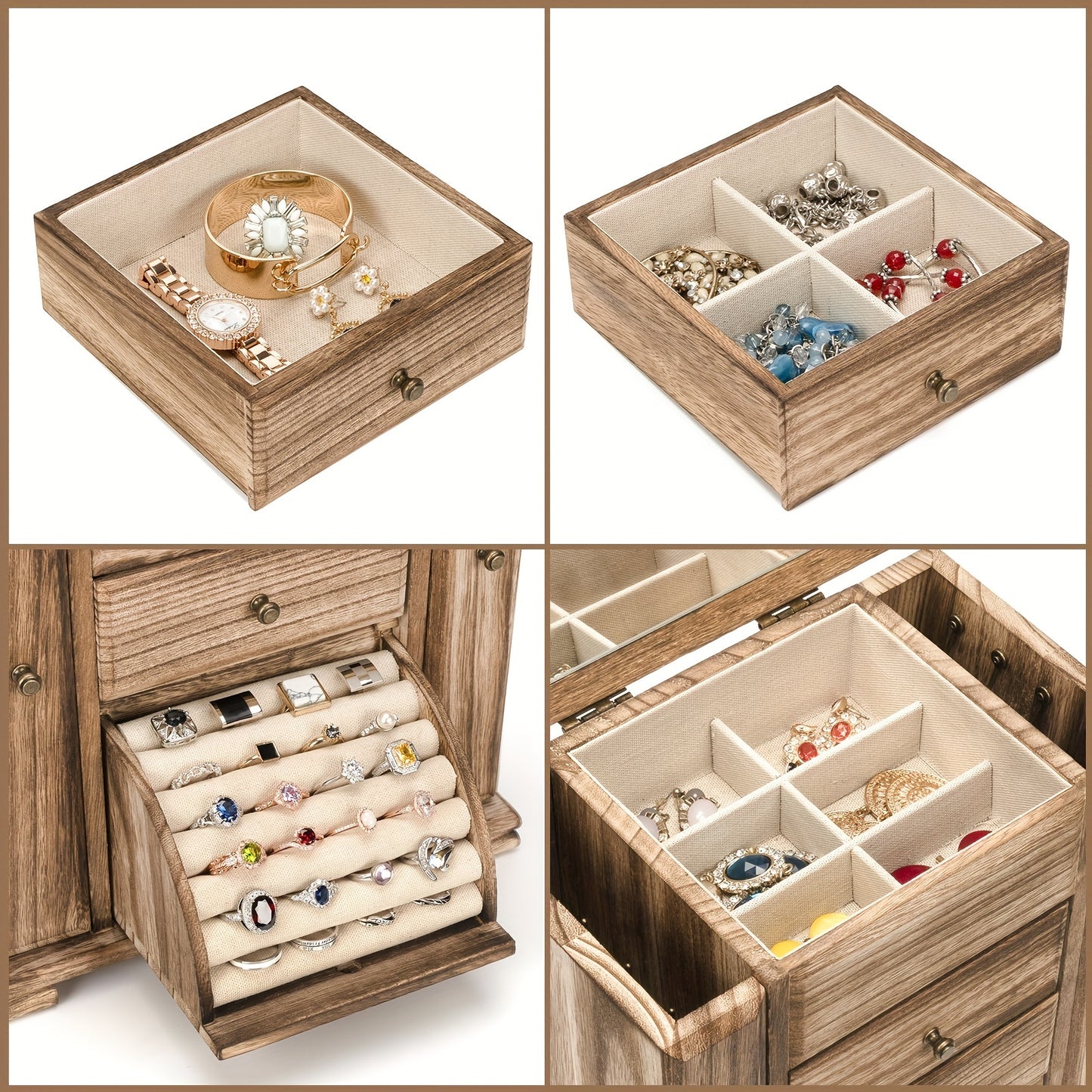 1pc Rustic Wooden Jewelry Box with Mirror and 4 Layers for Organizing Rings, Earrings, Necklaces, and Bracelets.