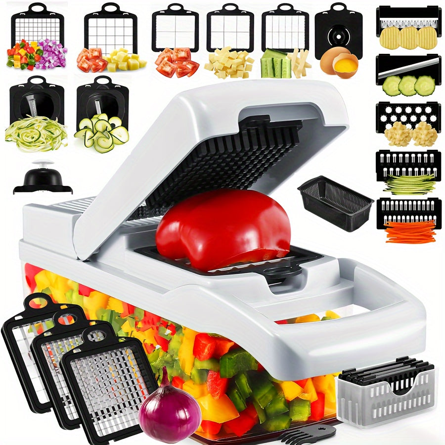 '- Kitchen Set includes 1 Vegetable Chopper, 22in1/15in1 Slicer, Manual Food Grater, and Onion Mincer Cutter
- Multifunctional design for slicing fruits and vegetables easily
- Convenient container for collecting sliced vegetables
- Household essential