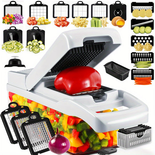 '- Kitchen Set includes 1 Vegetable Chopper, 22in1/15in1 Slicer, Manual Food Grater, and Onion Mincer Cutter
- Multifunctional design for slicing fruits and vegetables easily
- Convenient container for collecting sliced vegetables
- Household essential