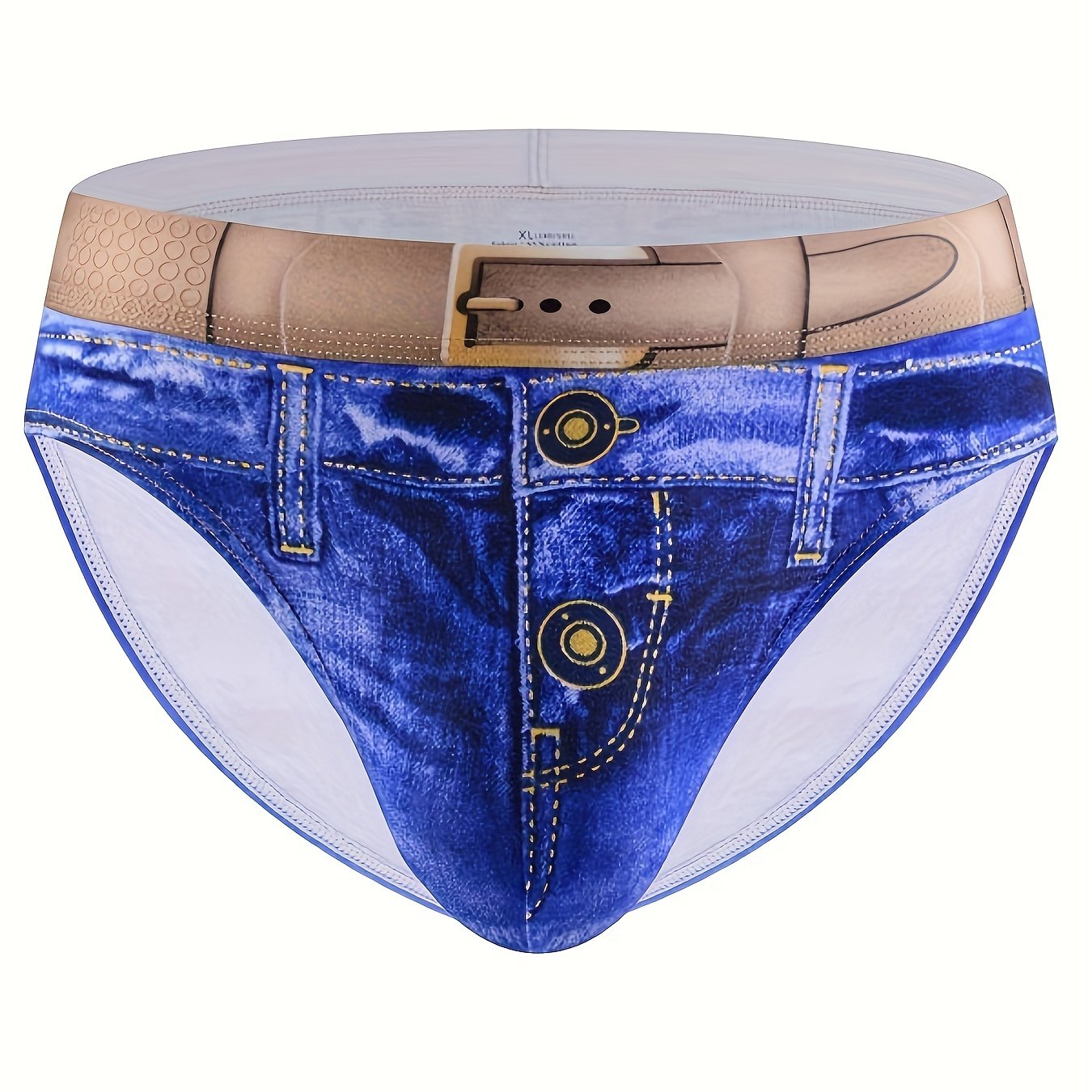 Men's fashion cotton 3D denim boxer briefs with belt print, breathable and stylish underwear.