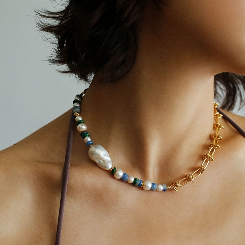 Casual yet stylish handcrafted beaded necklace featuring freshwater pearls and a colorful twist chain - ideal for both everyday wear and gifting.