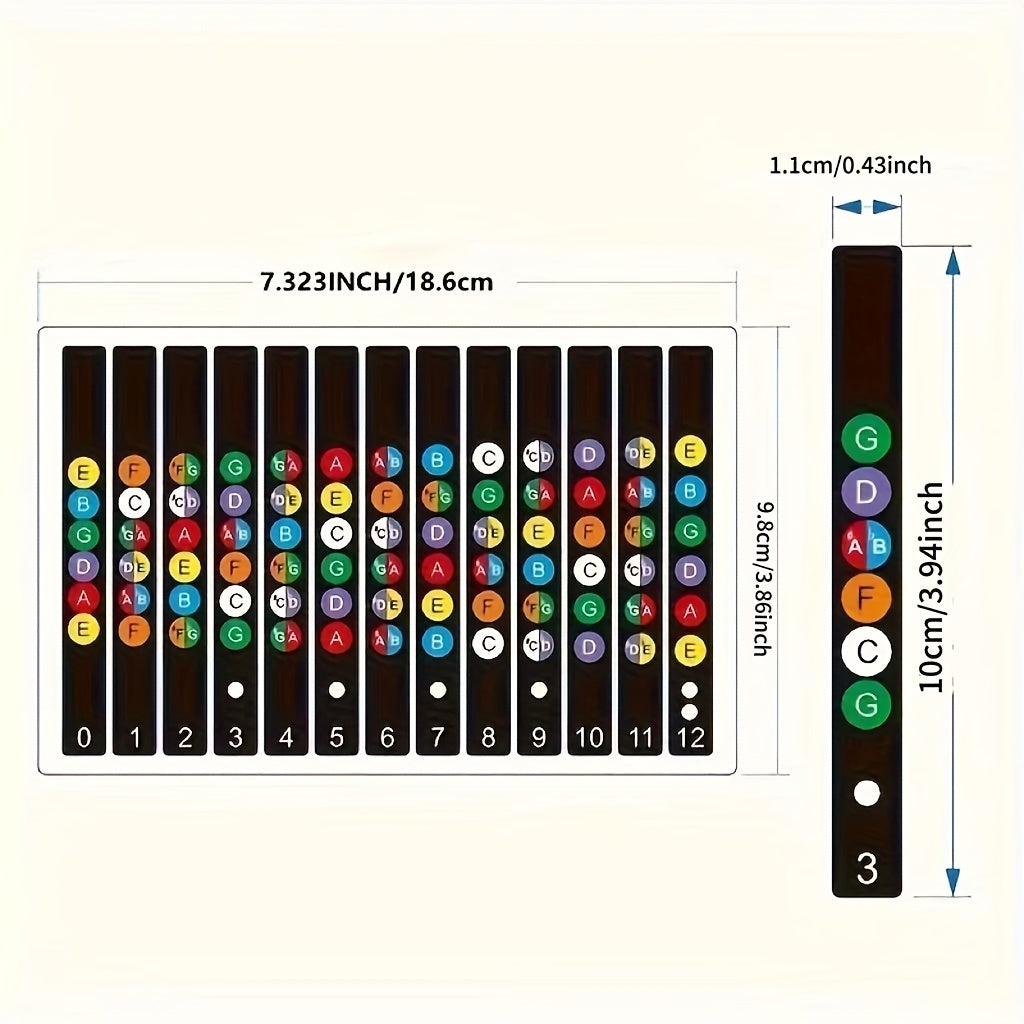 Colorful beginner guitar labels with notes and chord diagrams for acoustic guitars. Durable and easy-to-apply fretboard stickers, guitar accessories.