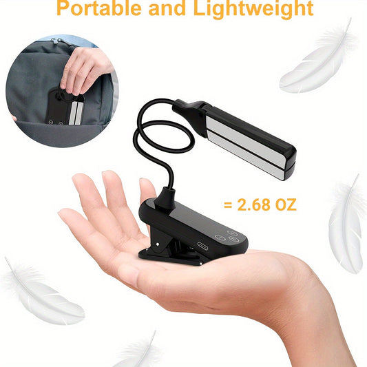 Introducing the 1-piece rechargeable book light with 14 LEDs, adjustable dual heads, and eye-friendly features. This versatile reading lamp can be clipped on to a book or desk, providing a range of warm to cool light from 1600K to 6000K. With stepless