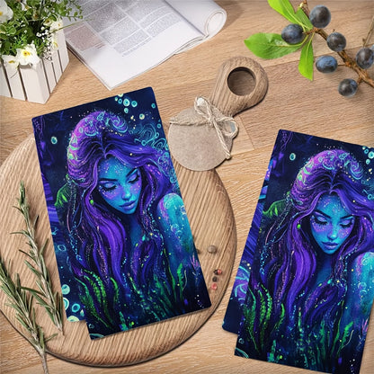 Set of 2 Ultra Soft Kitchen Towels featuring an Enchanting Siren Neon Blacklight Design. These towels are Highly Absorbent, Machine Washable, and measure 40.64x60.96 cm. Perfect for Coastal Decor and Holiday Celebrations. Great for use as Dish Hand