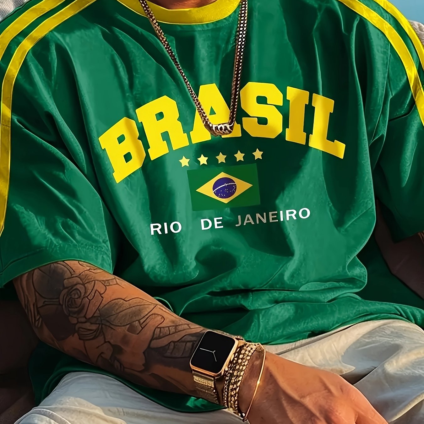 1pc Brazil-inspired men's casual short sleeve T-shirt with digital print, crew neck, polyester knit fabric with stretch, ideal for summer activities and daily wear.