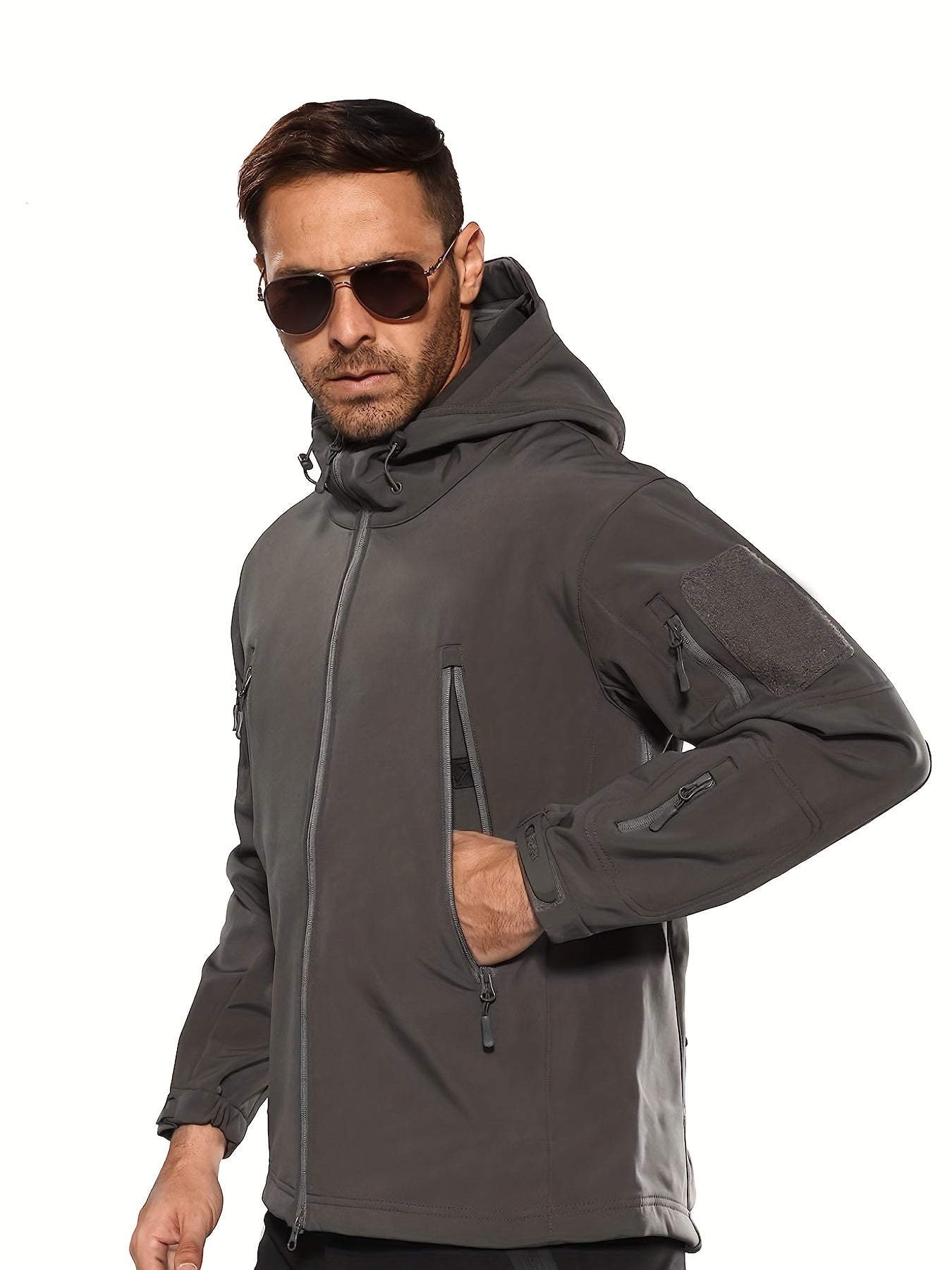 Men's Soft Shell Hooded Jacket - Perfect for outdoor activities, machine washable, polyester blend.